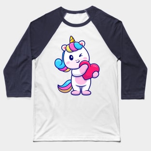 Cute Unicorn Holding Heart Cartoon Baseball T-Shirt